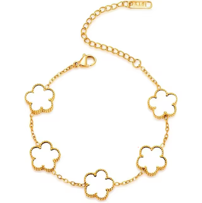 Gold Mother Of Pearl Five Leaf Clover Bracelet