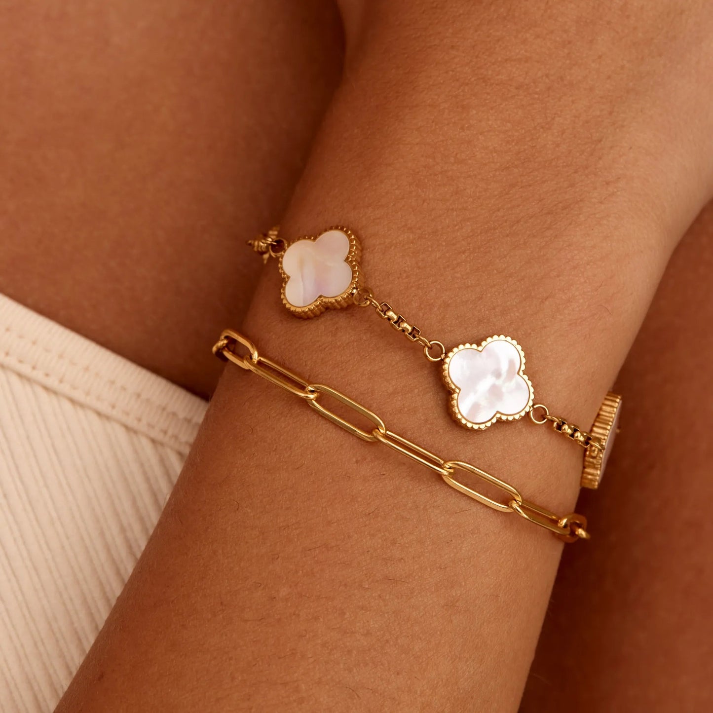 Gold Mother of Pearl Clover Minimalist Bracelet