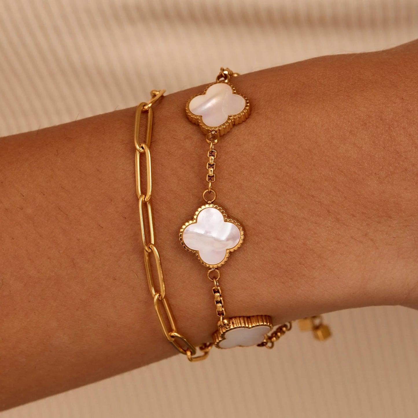 Gold Mother of Pearl Clover Minimalist Bracelet