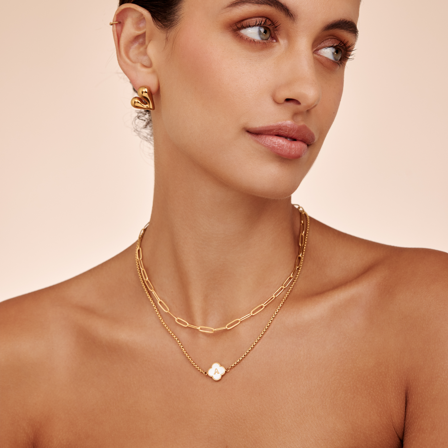Gold Mother Of Pearl Clover Minimalist Initial Necklace