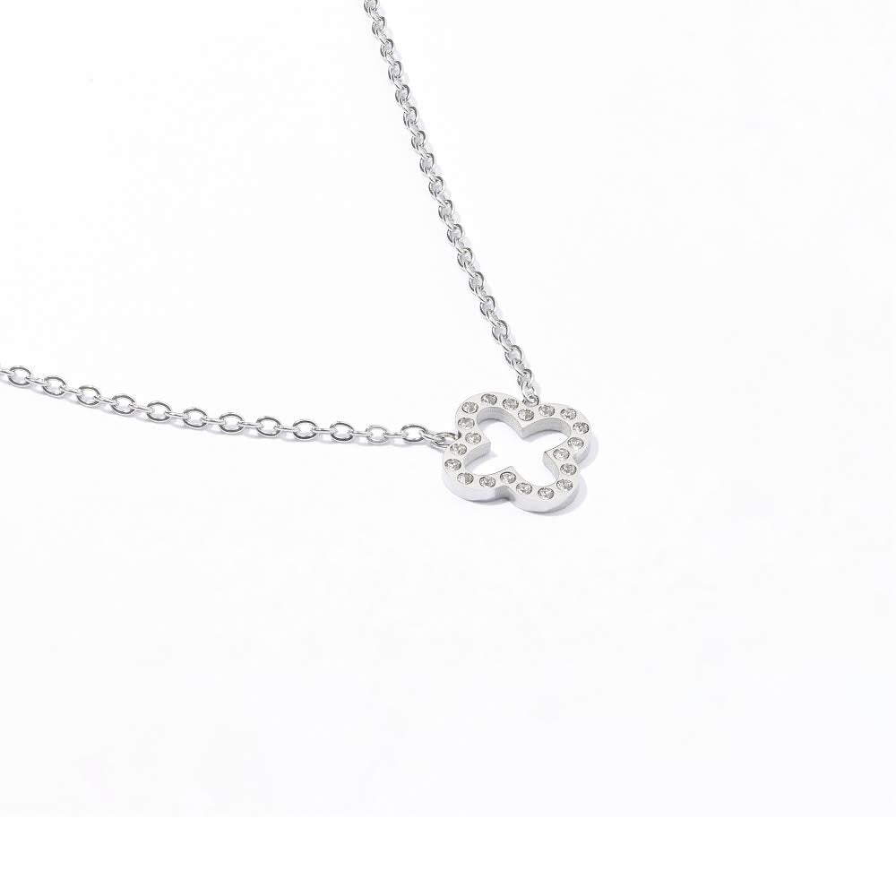 Open Leaf Sparkle Clover Necklace Silver