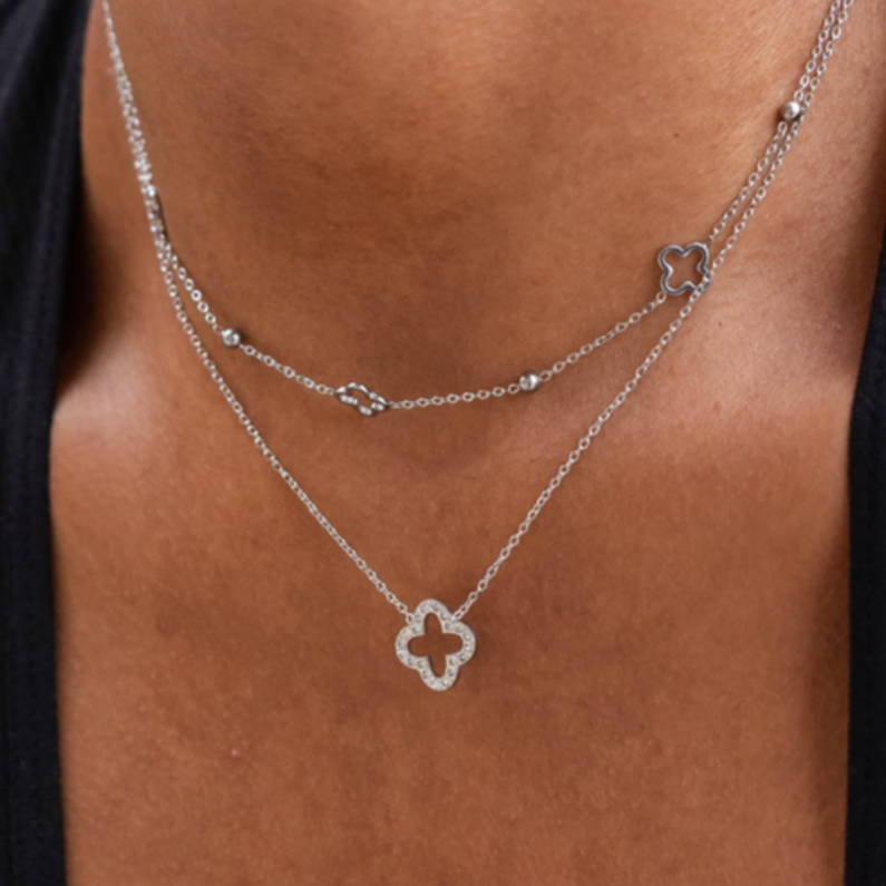 Open Leaf Sparkle Clover Necklace Silver