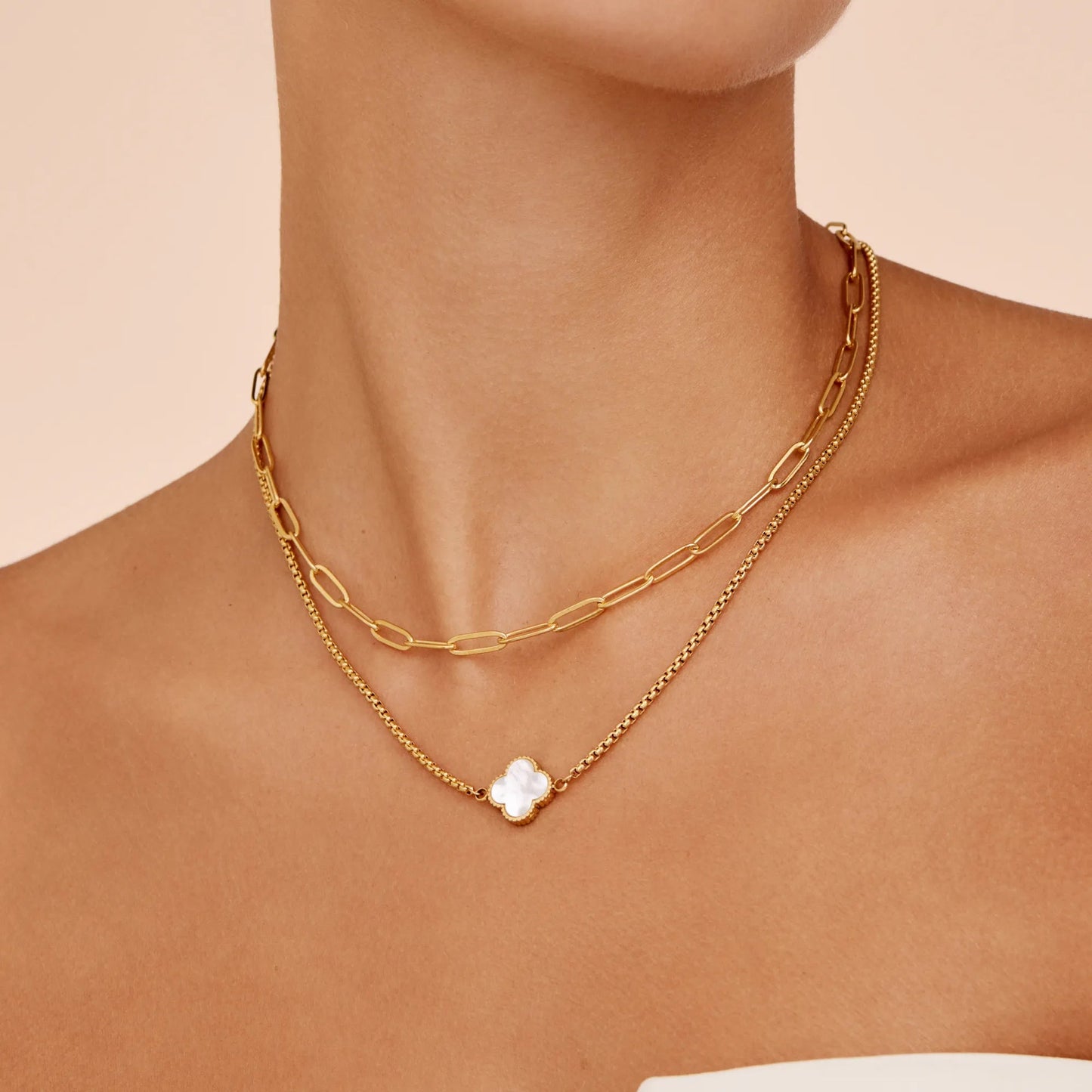 Gold Mother Of Pearl Clover Minimalist Necklace