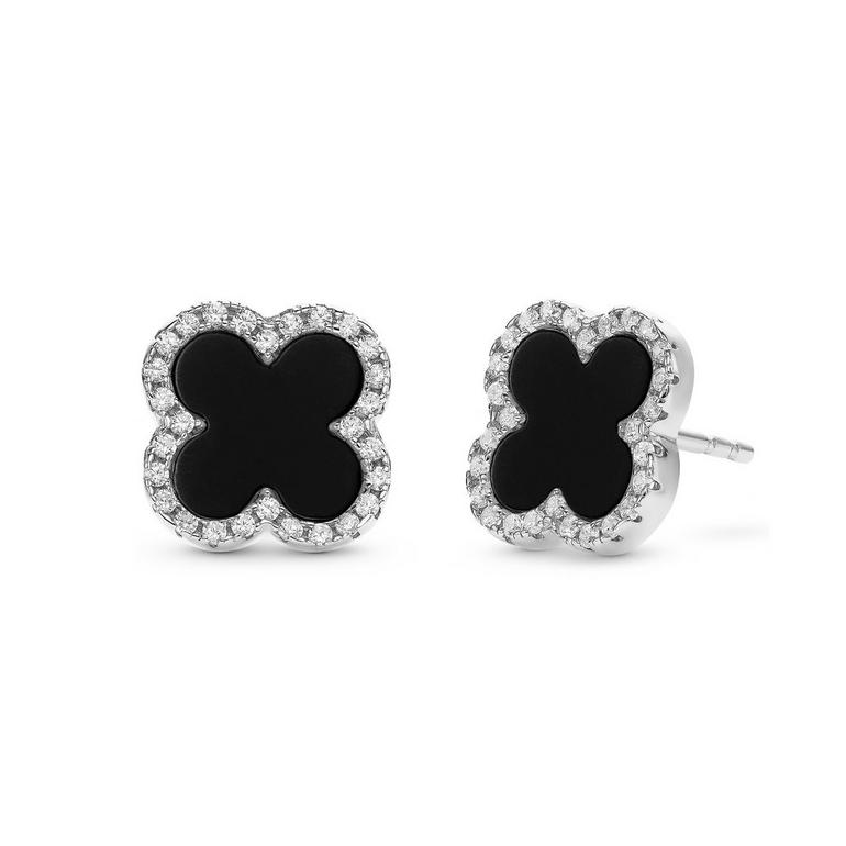 Silver Onyx Clover Earrings
