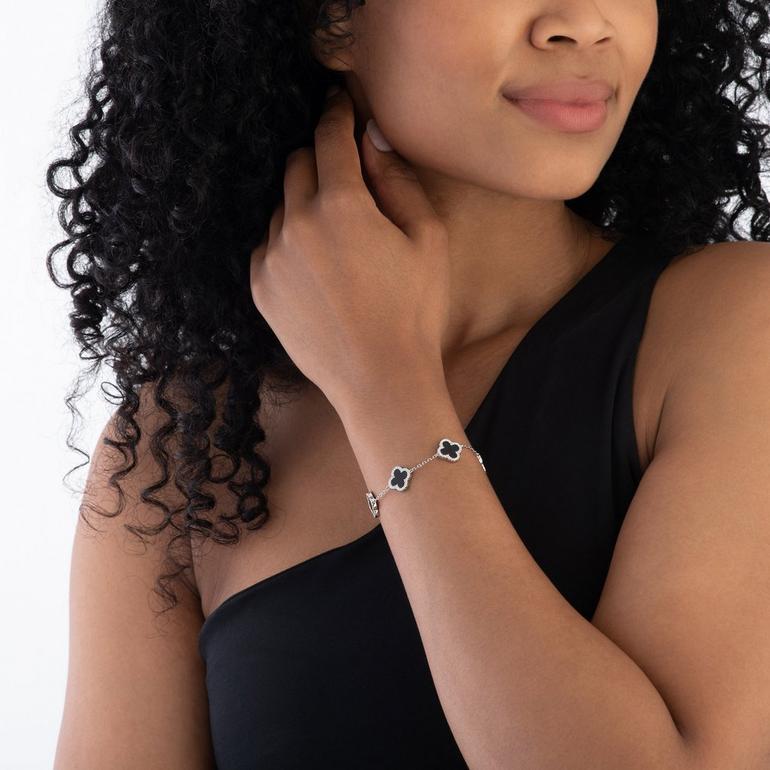 Silver Onyx Clover Bracelet