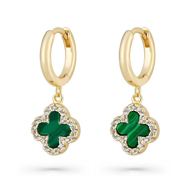 Gold Sparkling Malachite Clover Earrings
