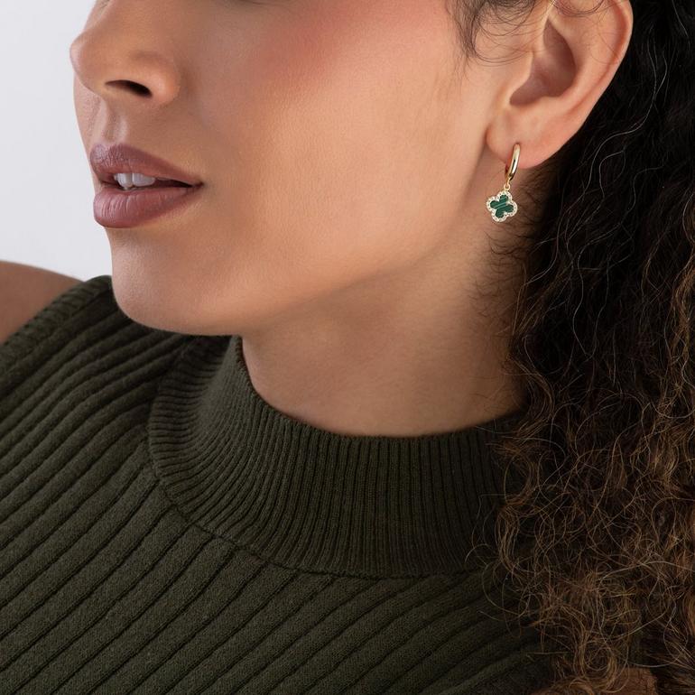 Gold Sparkling Malachite Clover Earrings