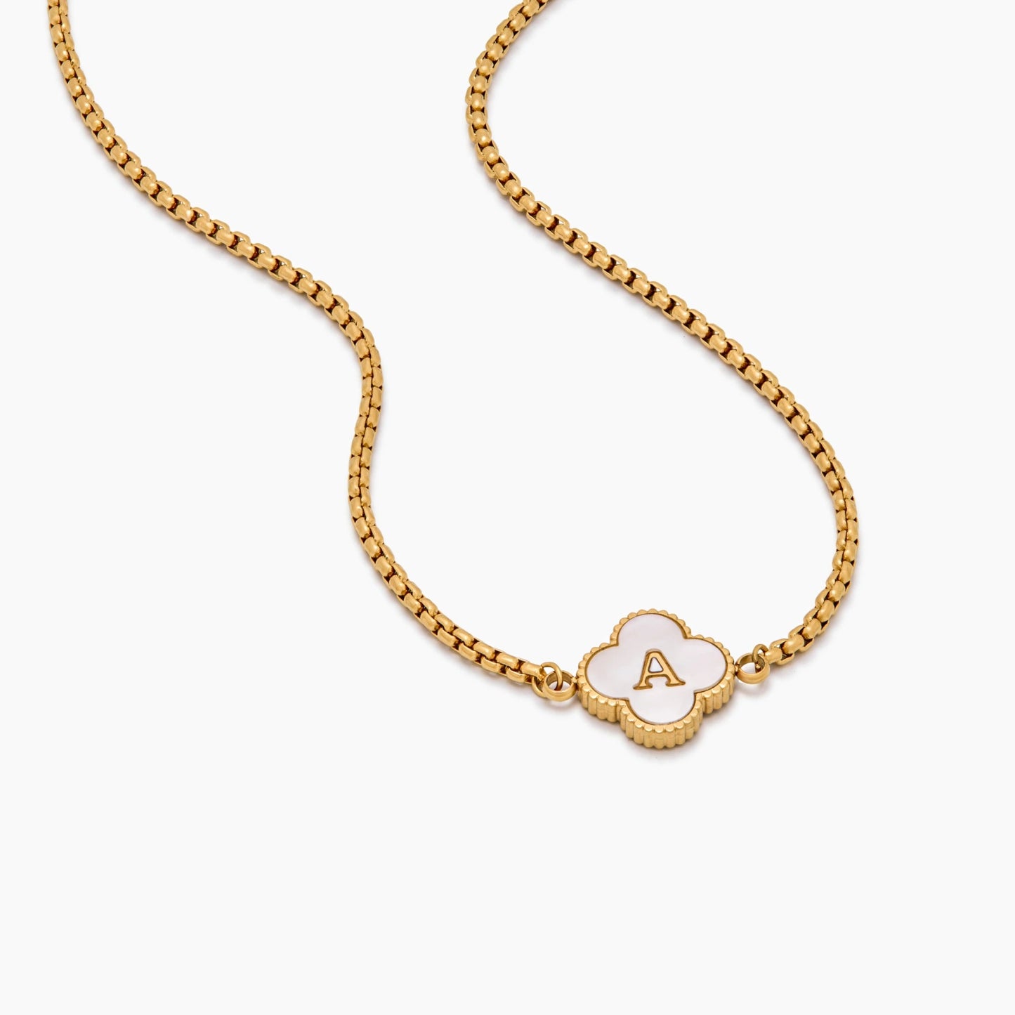 Gold Mother Of Pearl Clover Minimalist Initial Necklace