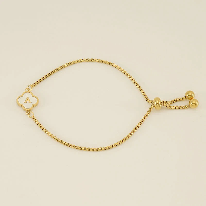 Gold Mother Of Pearl Clover Minimalist Initial Bracelet