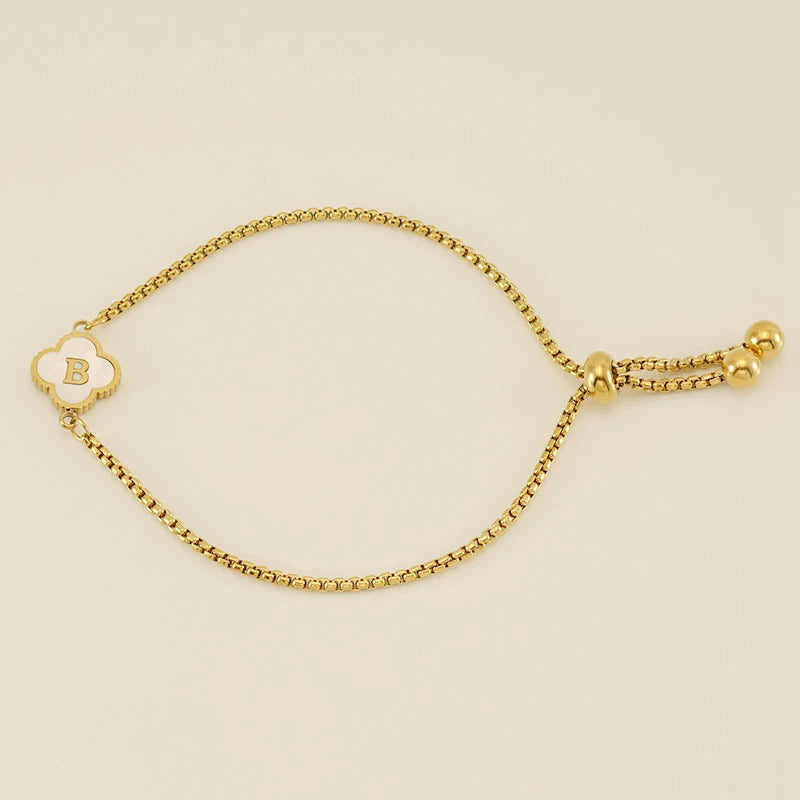 Gold Mother Of Pearl Clover Minimalist Initial Bracelet
