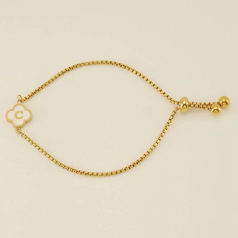 Gold Mother Of Pearl Clover Minimalist Initial Bracelet