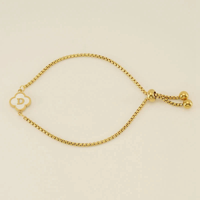 Gold Mother Of Pearl Clover Minimalist Initial Bracelet
