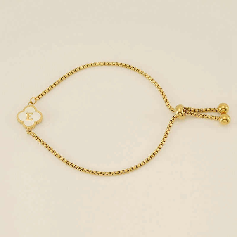 Gold Mother Of Pearl Clover Minimalist Initial Bracelet