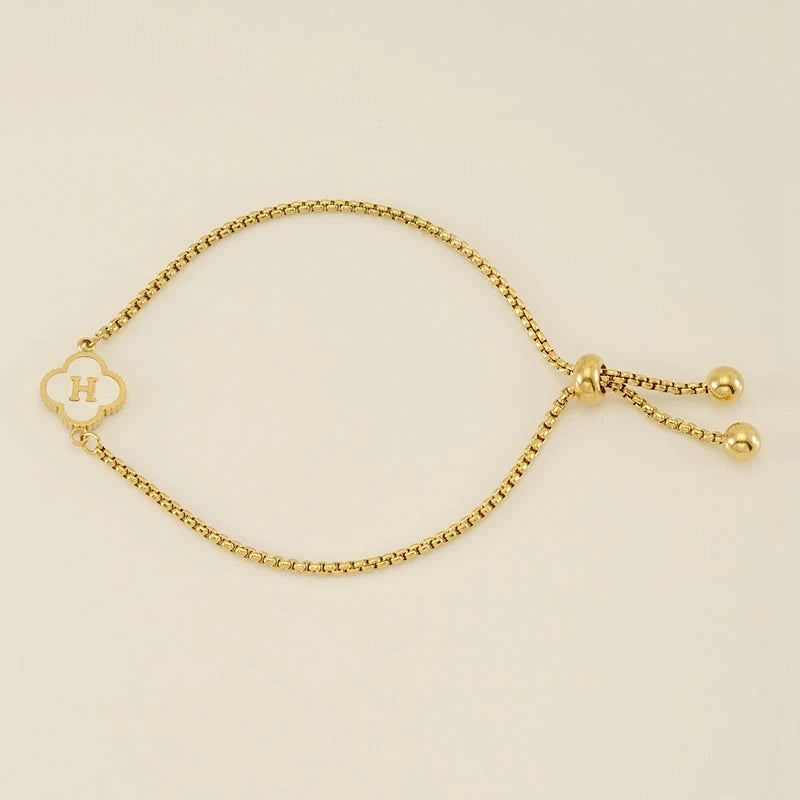 Gold Mother Of Pearl Clover Minimalist Initial Bracelet