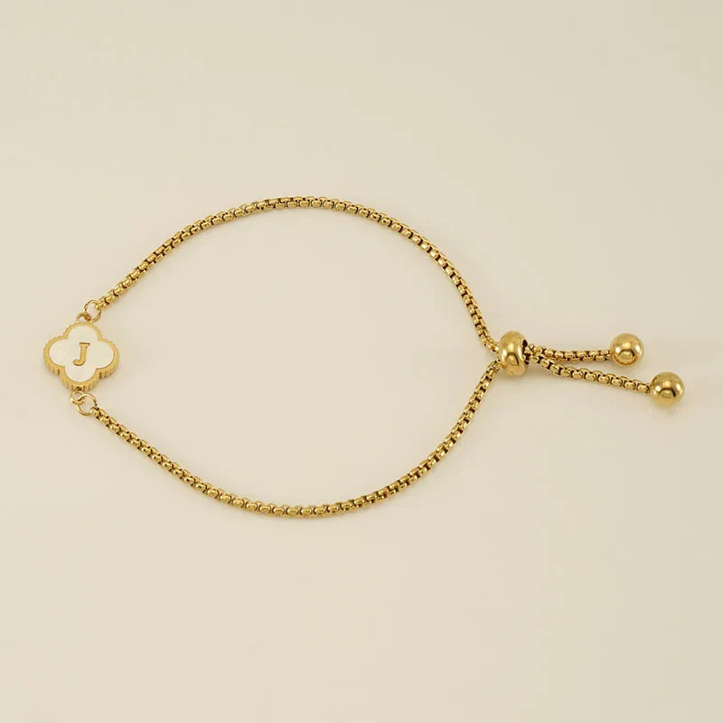 Gold Mother Of Pearl Clover Minimalist Initial Bracelet