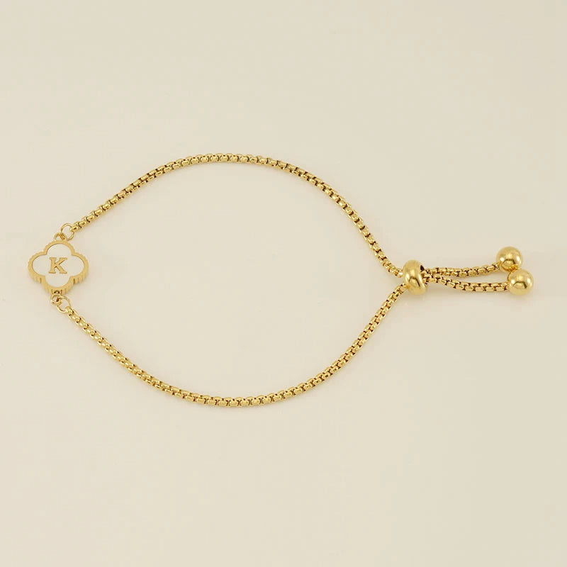 Gold Mother Of Pearl Clover Minimalist Initial Bracelet