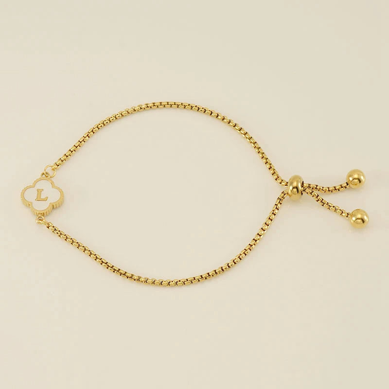 Gold Mother Of Pearl Clover Minimalist Initial Bracelet