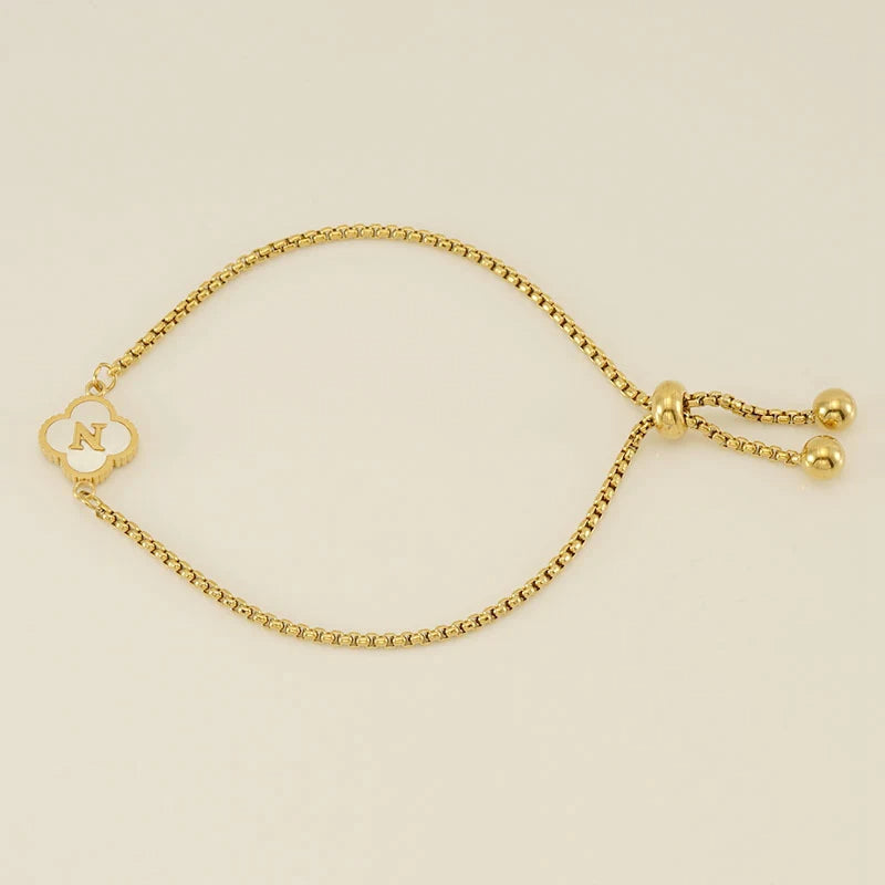 Gold Mother Of Pearl Clover Minimalist Initial Bracelet
