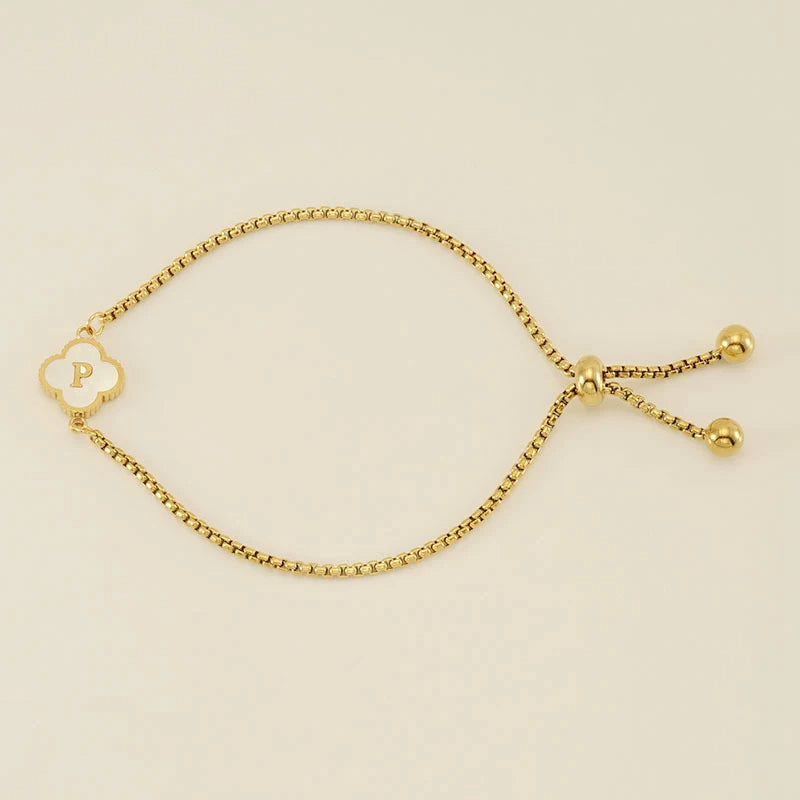Gold Mother Of Pearl Clover Minimalist Initial Bracelet