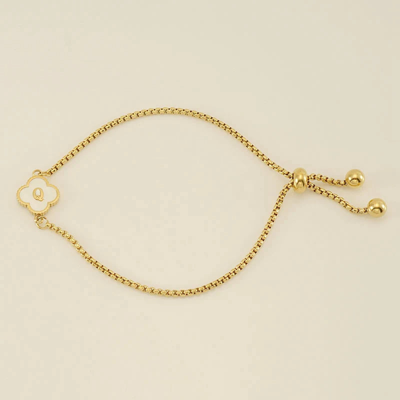 Gold Mother Of Pearl Clover Minimalist Initial Bracelet