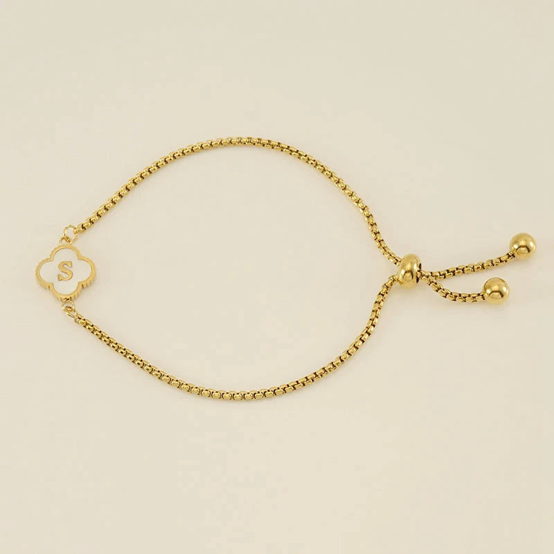 Gold Mother Of Pearl Clover Minimalist Initial Bracelet