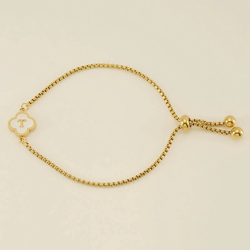 Gold Mother Of Pearl Clover Minimalist Initial Bracelet