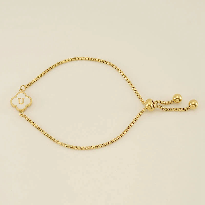 Gold Mother Of Pearl Clover Minimalist Initial Bracelet