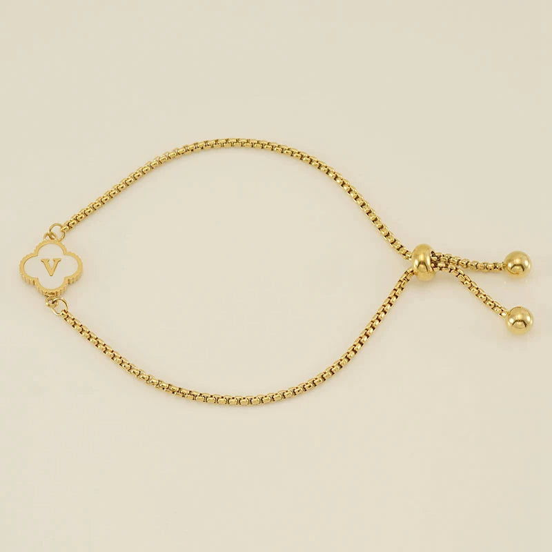 Gold Mother Of Pearl Clover Minimalist Initial Bracelet