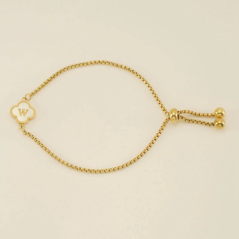 Gold Mother Of Pearl Clover Minimalist Initial Bracelet