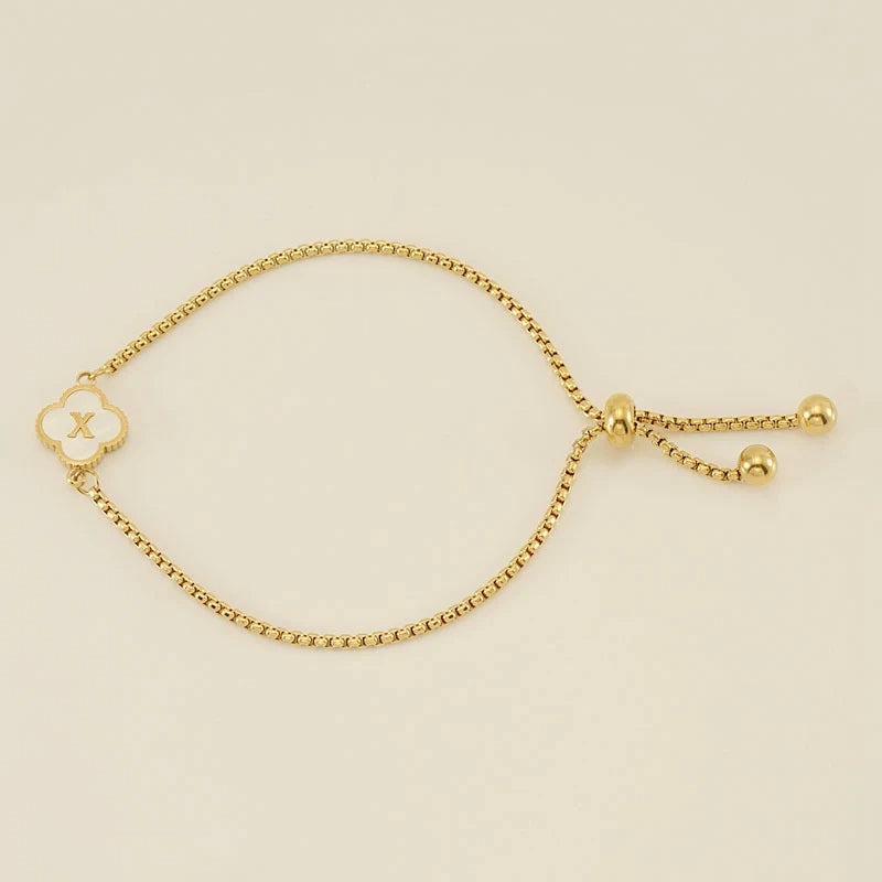 Gold Mother Of Pearl Clover Minimalist Initial Bracelet