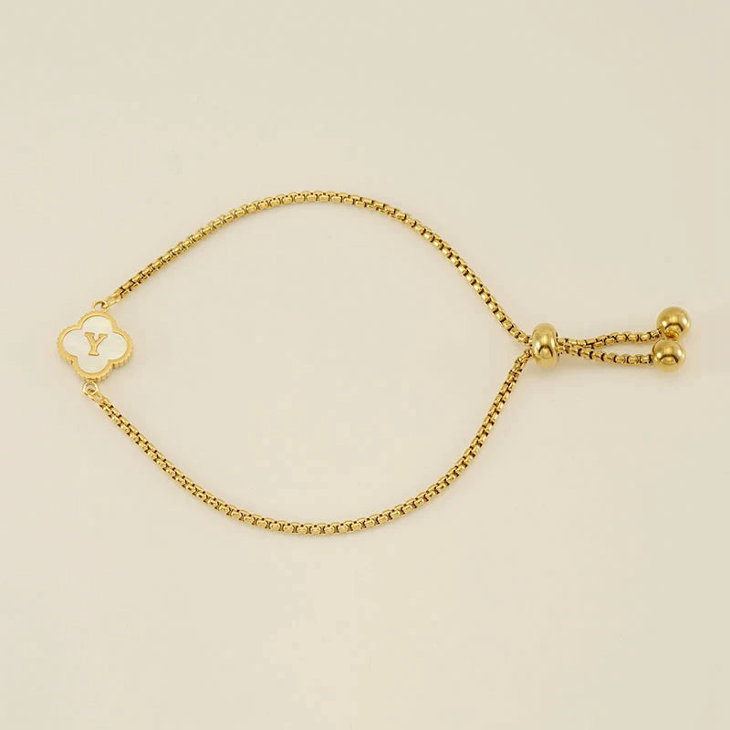 Gold Mother Of Pearl Clover Minimalist Initial Bracelet