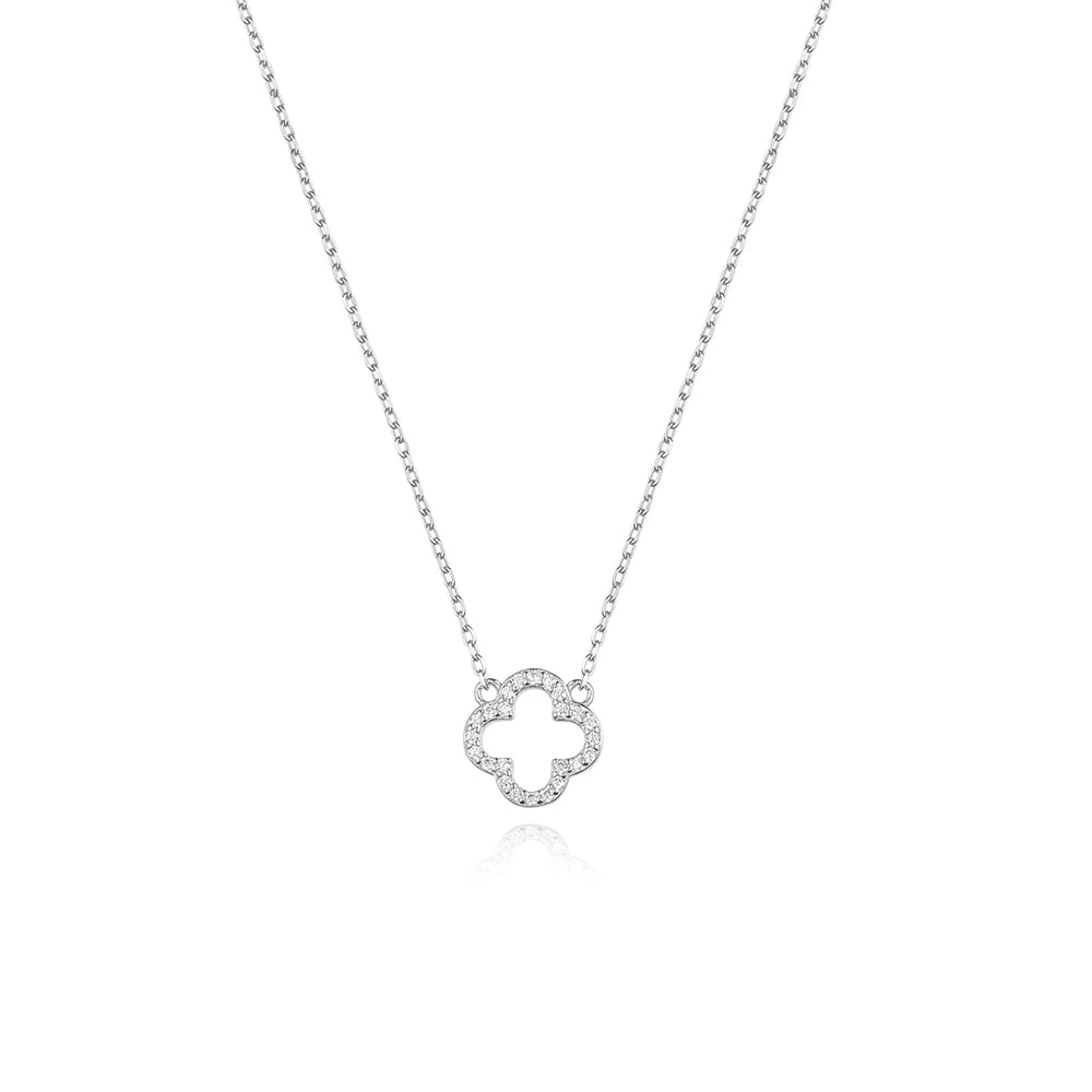 Open Leaf Sparkle Clover Necklace Silver