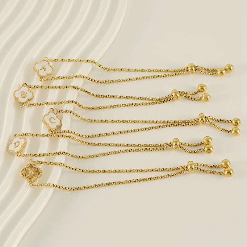 Gold Mother Of Pearl Clover Minimalist Initial Bracelet