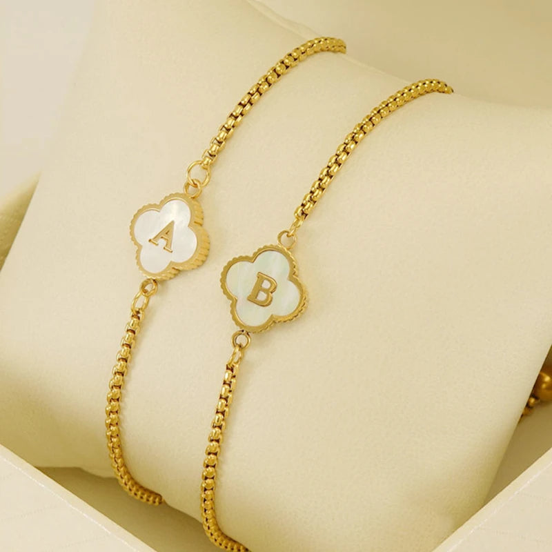 Gold Mother Of Pearl Clover Minimalist Initial Bracelet