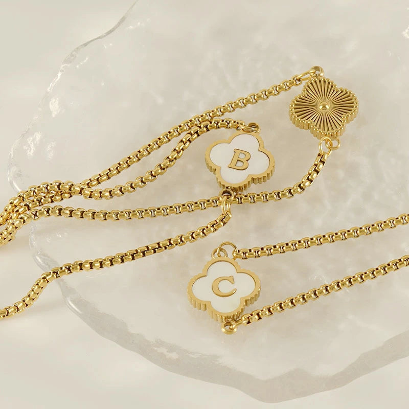 Gold Mother Of Pearl Clover Minimalist Initial Bracelet