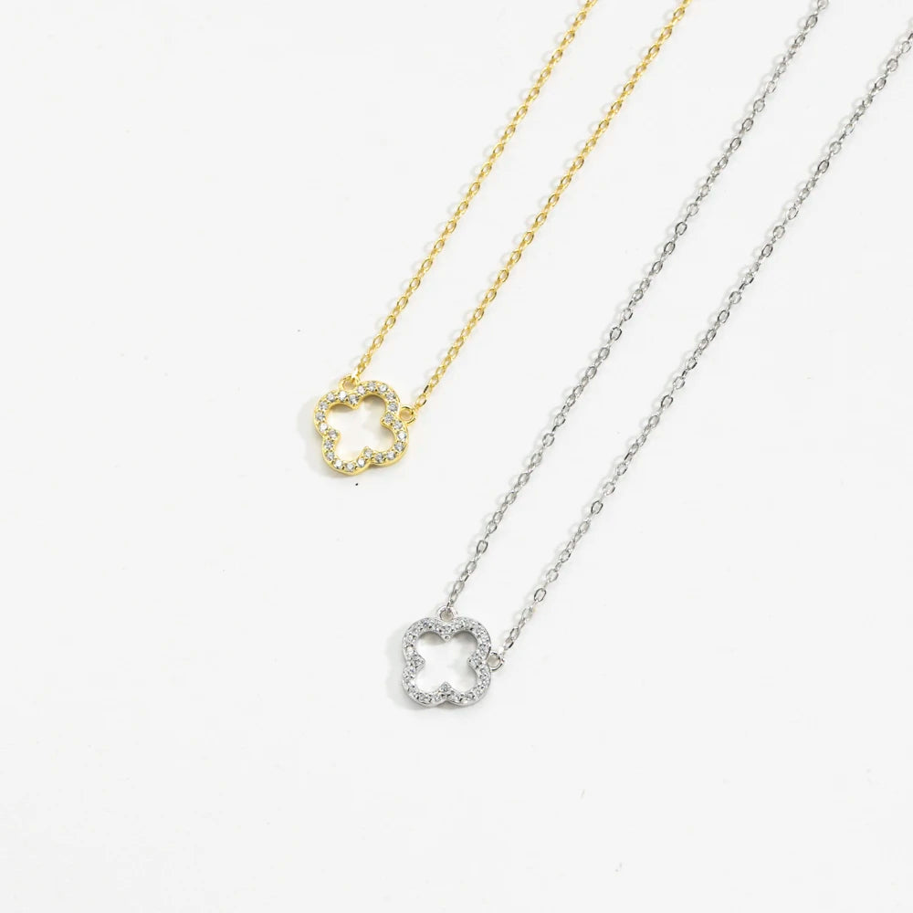 Open Leaf Sparkle Clover Necklace Silver