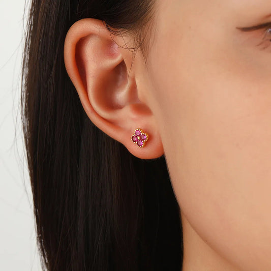 Gold Ruby Clover Earrings