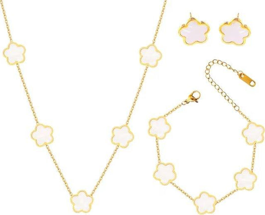 3 Piece Gold Mother Of Pearl Clover Jewelry Sets