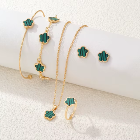 5 Piece Gold Malachite Clover Jewelry Sets