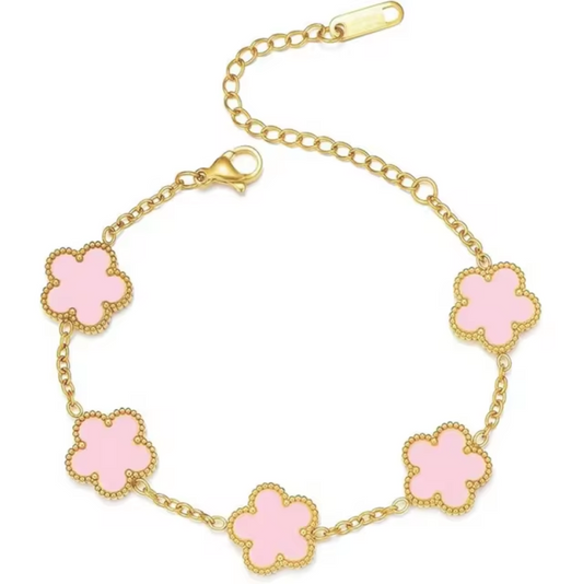 Gold Pink Porcelain Five Leaf Clover Bracelet