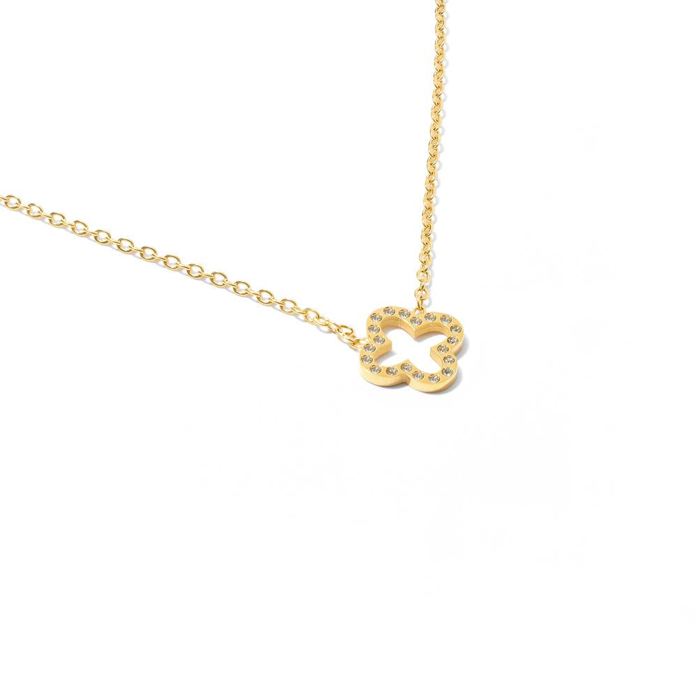 Open Leaf Sparkle Clover Necklace Gold
