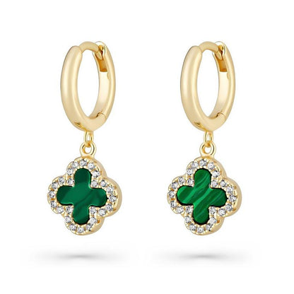 Gold Sparkling Malachite Clover Earrings