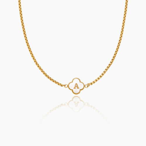 Gold Mother Of Pearl Clover Minimalist Initial Necklace