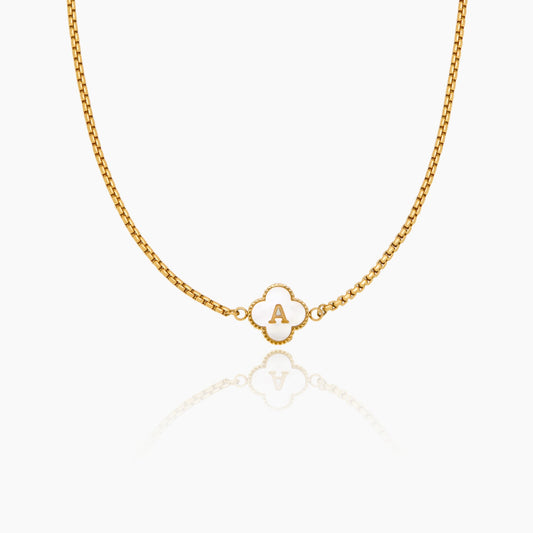 Gold Mother Of Pearl Clover Minimalist Initial Necklace