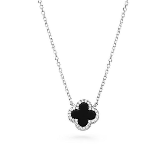 Silver Onyx Clover Necklace