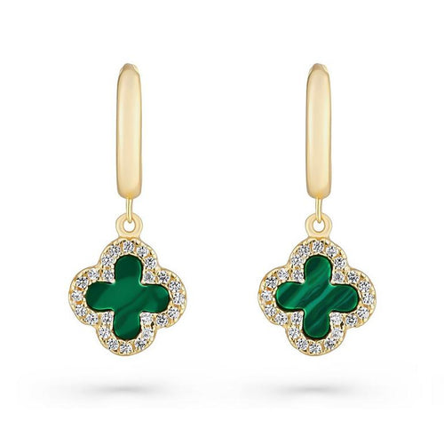 Gold Sparkling Malachite Clover Earrings