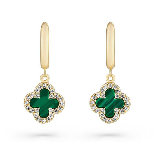 Gold Sparkling Malachite Clover Earrings
