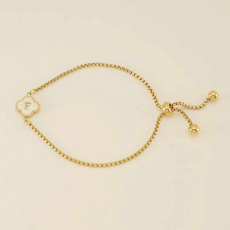 Gold Mother Of Pearl Clover Minimalist Initial Bracelet