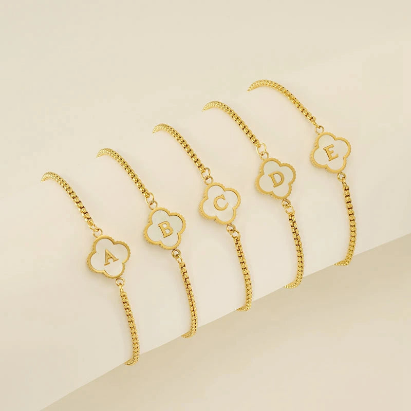 Gold Mother Of Pearl Clover Minimalist Initial Bracelet