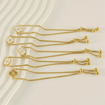 Gold Mother Of Pearl Clover Minimalist Initial Bracelet